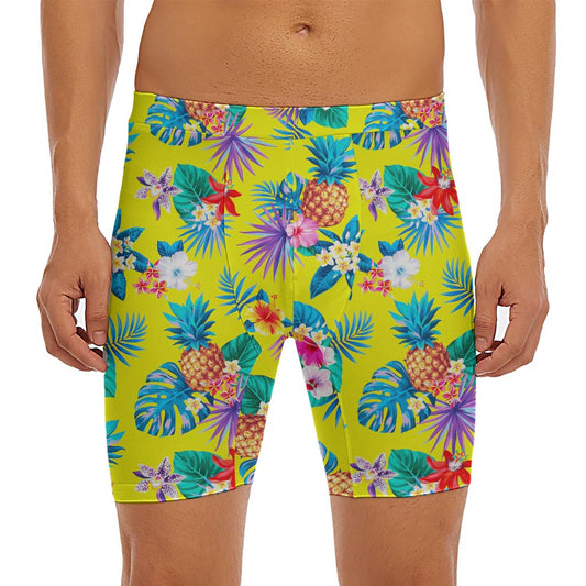 Lime Hawaiian Pineapple Pattern Print Men's Long Boxer Briefs