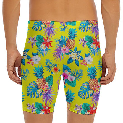 Lime Hawaiian Pineapple Pattern Print Men's Long Boxer Briefs