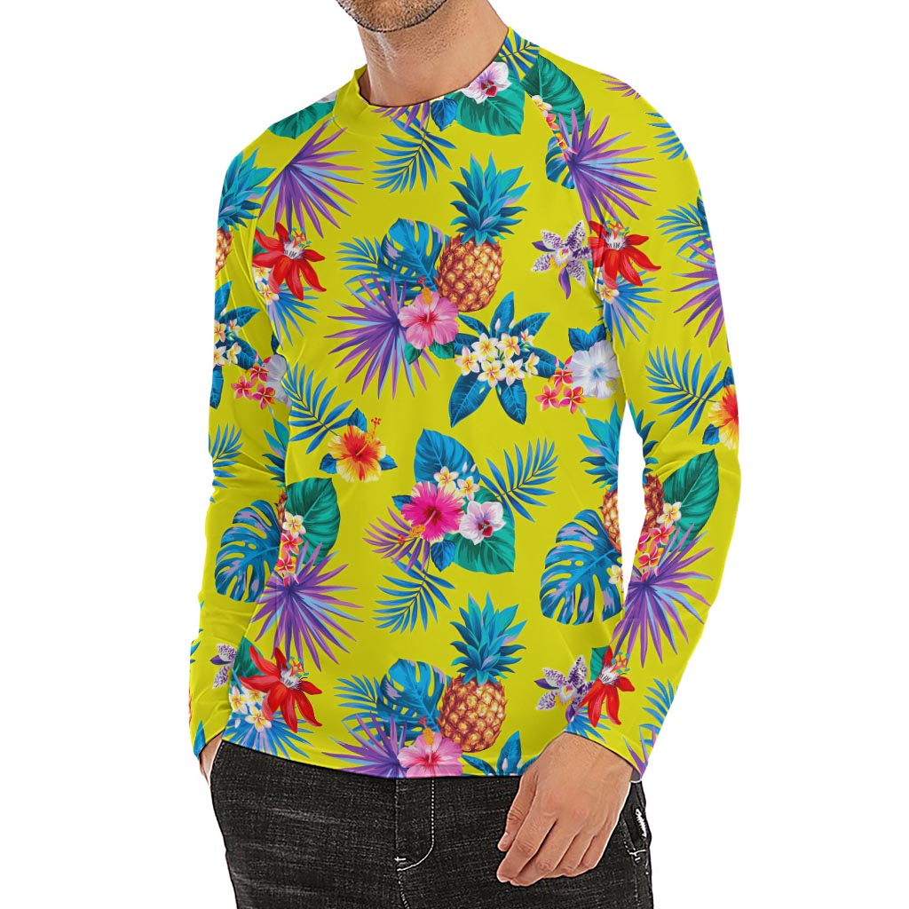 Lime Hawaiian Pineapple Pattern Print Men's Long Sleeve Rash Guard