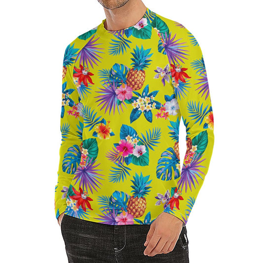 Lime Hawaiian Pineapple Pattern Print Men's Long Sleeve Rash Guard
