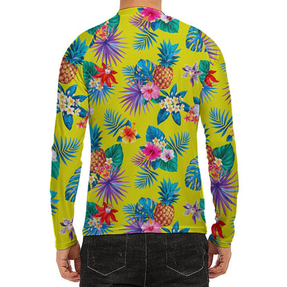 Lime Hawaiian Pineapple Pattern Print Men's Long Sleeve Rash Guard