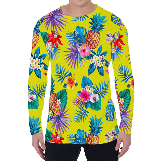Lime Hawaiian Pineapple Pattern Print Men's Long Sleeve T-Shirt