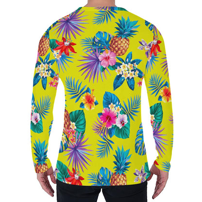 Lime Hawaiian Pineapple Pattern Print Men's Long Sleeve T-Shirt