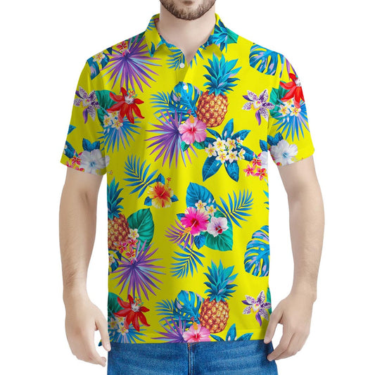 Lime Hawaiian Pineapple Pattern Print Men's Polo Shirt