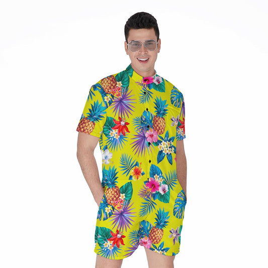 Lime Hawaiian Pineapple Pattern Print Men's Rompers