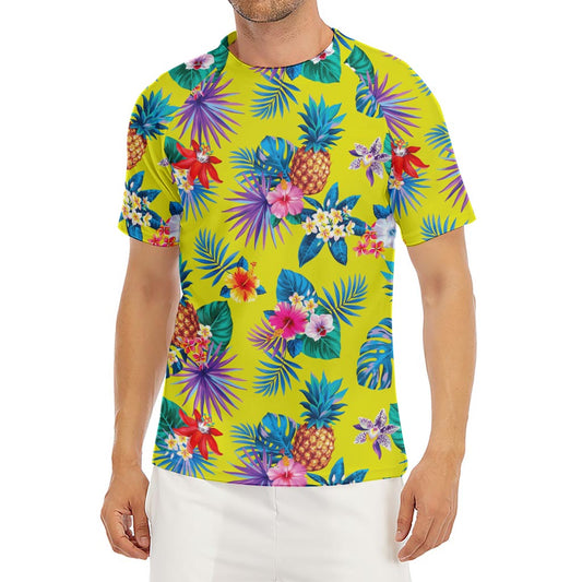 Lime Hawaiian Pineapple Pattern Print Men's Short Sleeve Rash Guard