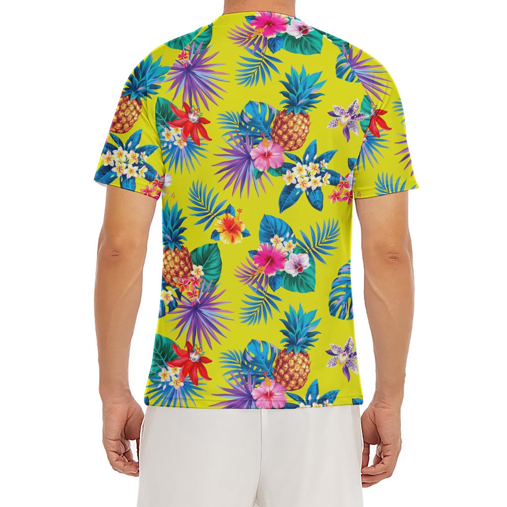 Lime Hawaiian Pineapple Pattern Print Men's Short Sleeve Rash Guard