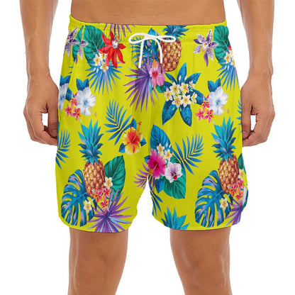 Lime Hawaiian Pineapple Pattern Print Men's Split Running Shorts