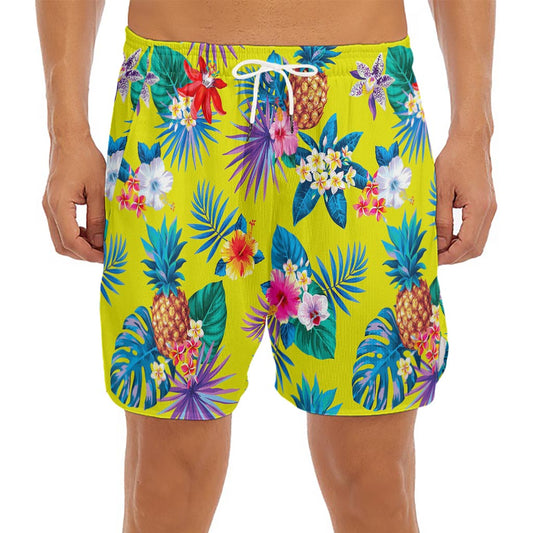 Lime Hawaiian Pineapple Pattern Print Men's Split Running Shorts