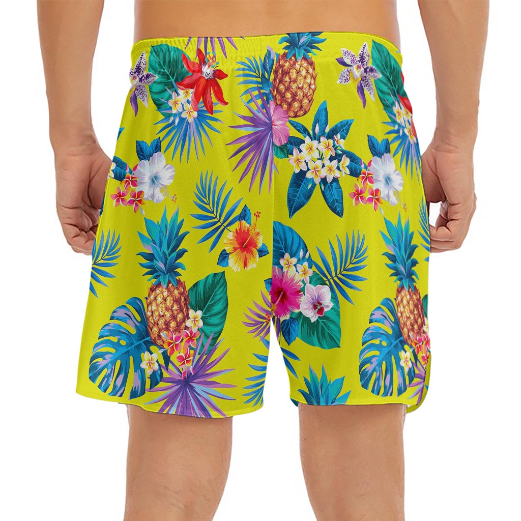 Lime Hawaiian Pineapple Pattern Print Men's Split Running Shorts