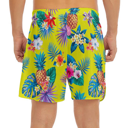 Lime Hawaiian Pineapple Pattern Print Men's Split Running Shorts