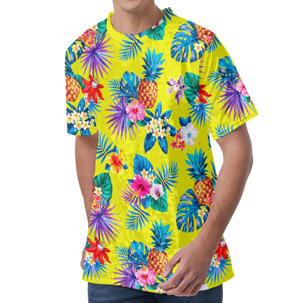 Lime Hawaiian Pineapple Pattern Print Men's Velvet T-Shirt