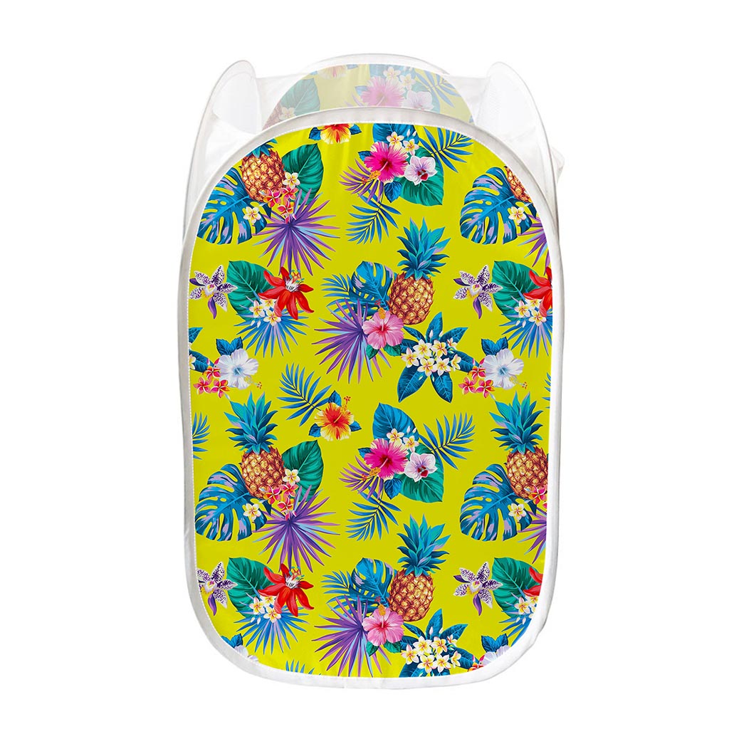 Lime Hawaiian Pineapple Pattern Print Mesh Laundry Hamper