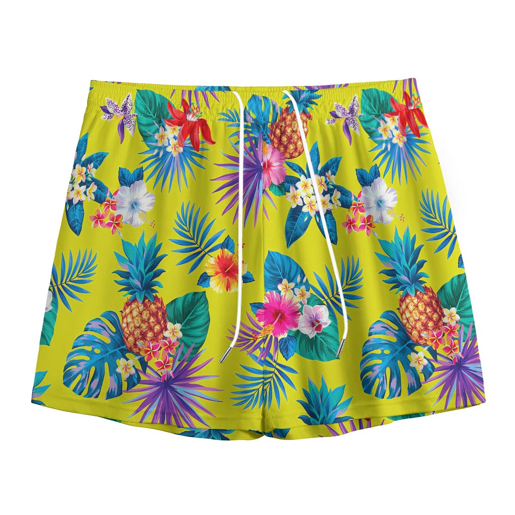 Lime Hawaiian Pineapple Pattern Print Mesh Shorts