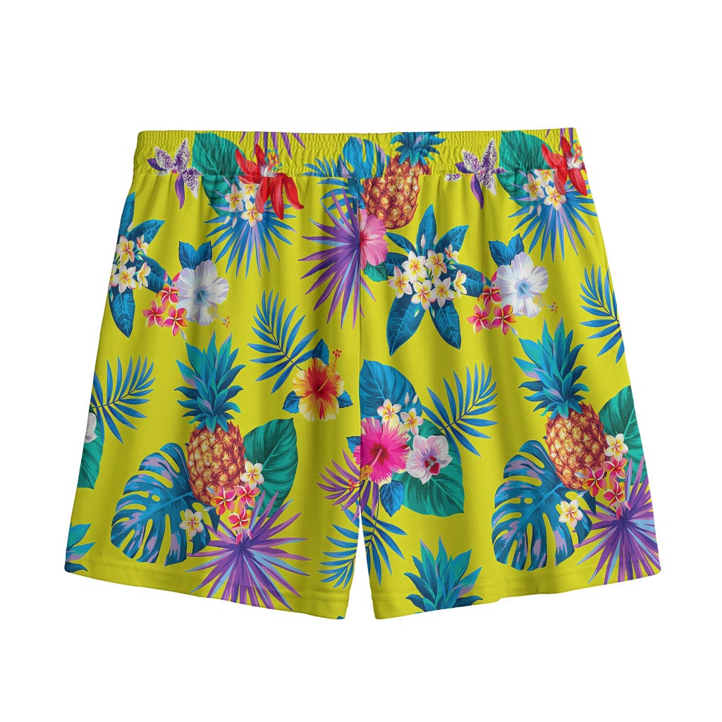 Lime Hawaiian Pineapple Pattern Print Mesh Shorts