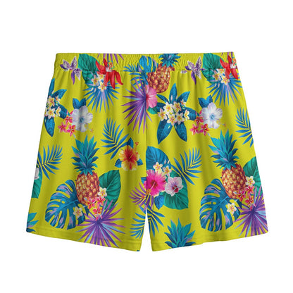 Lime Hawaiian Pineapple Pattern Print Mesh Shorts