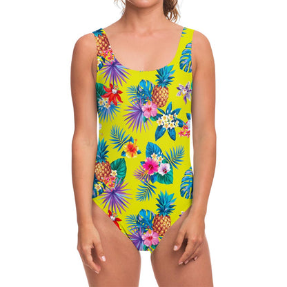 Lime Hawaiian Pineapple Pattern Print One Piece Swimsuit