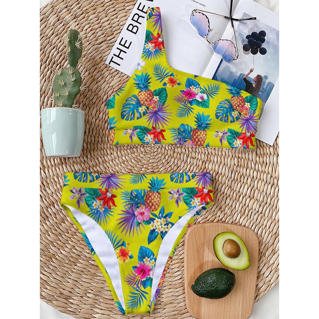 Lime Hawaiian Pineapple Pattern Print One Shoulder Bikini Top