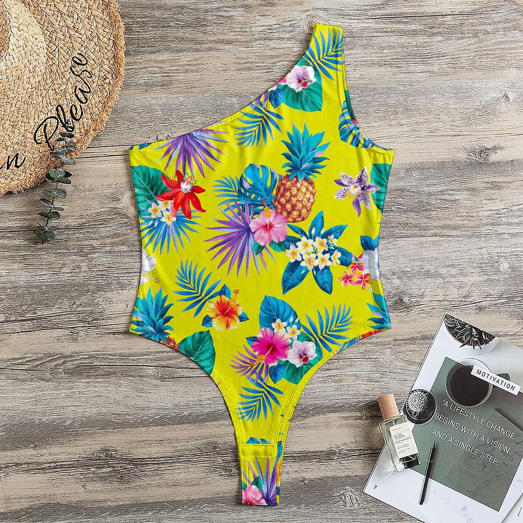 Lime Hawaiian Pineapple Pattern Print One Shoulder Bodysuit