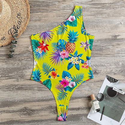 Lime Hawaiian Pineapple Pattern Print One Shoulder Bodysuit