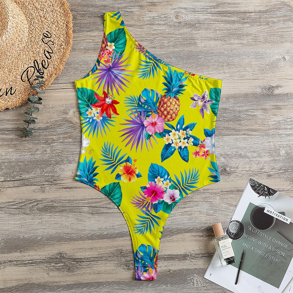 Lime Hawaiian Pineapple Pattern Print One Shoulder Bodysuit