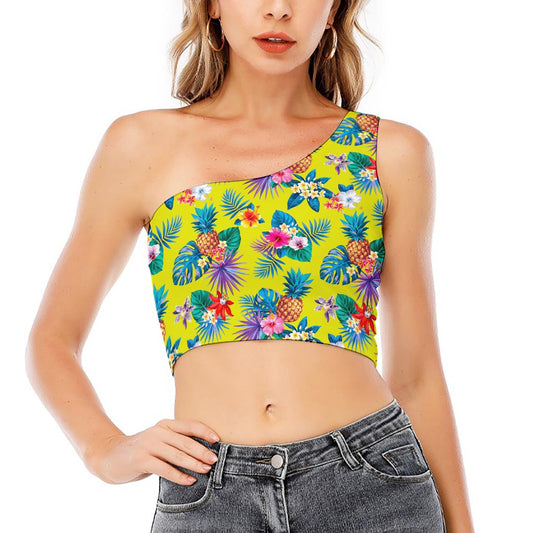 Lime Hawaiian Pineapple Pattern Print One Shoulder Crop Top