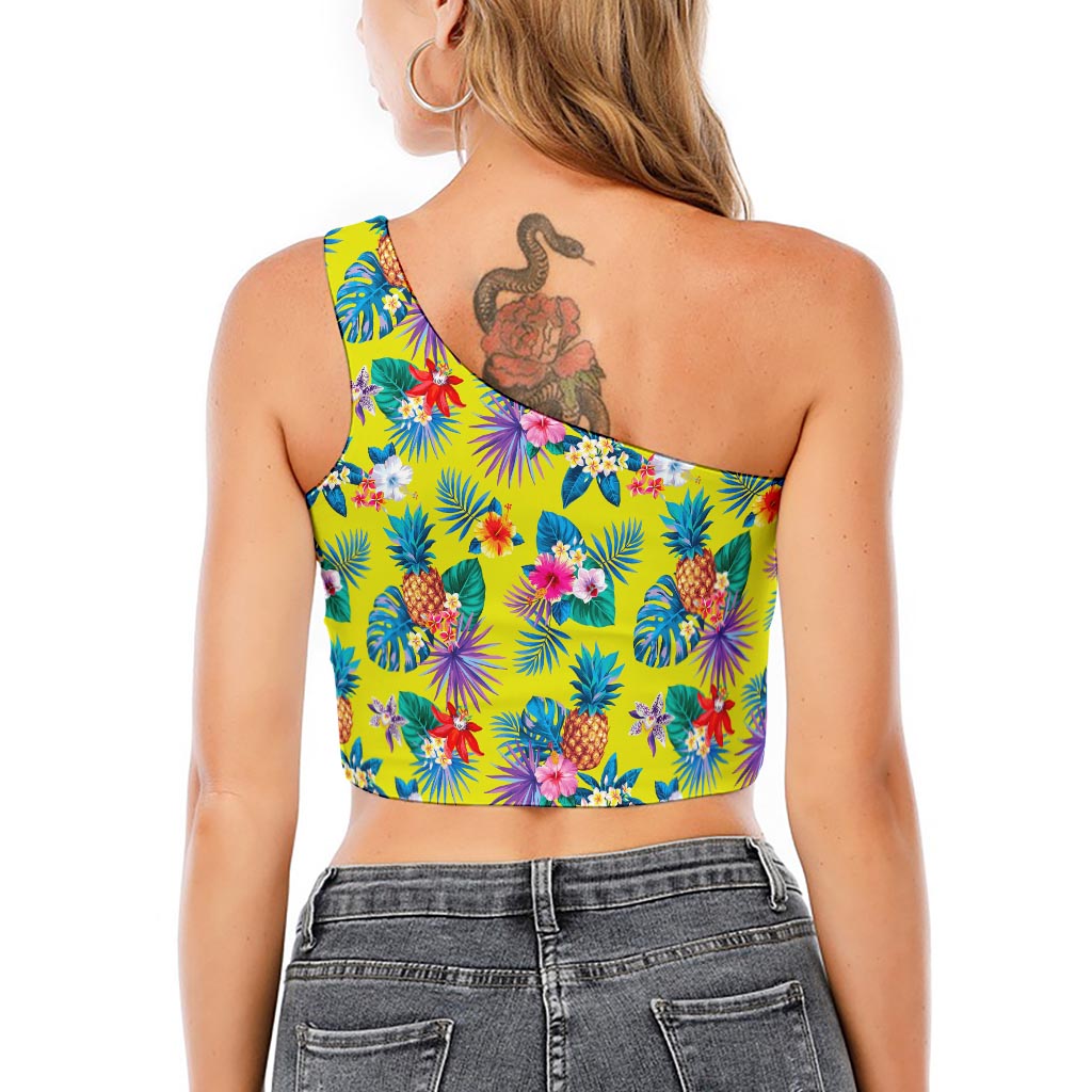 Lime Hawaiian Pineapple Pattern Print One Shoulder Crop Top