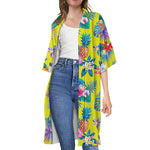 Lime Hawaiian Pineapple Pattern Print Open Front Beach Cover Up