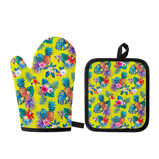 Lime Hawaiian Pineapple Pattern Print Oven Mitt And Pot Holder Set