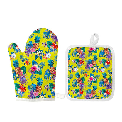 Lime Hawaiian Pineapple Pattern Print Oven Mitt And Pot Holder Set