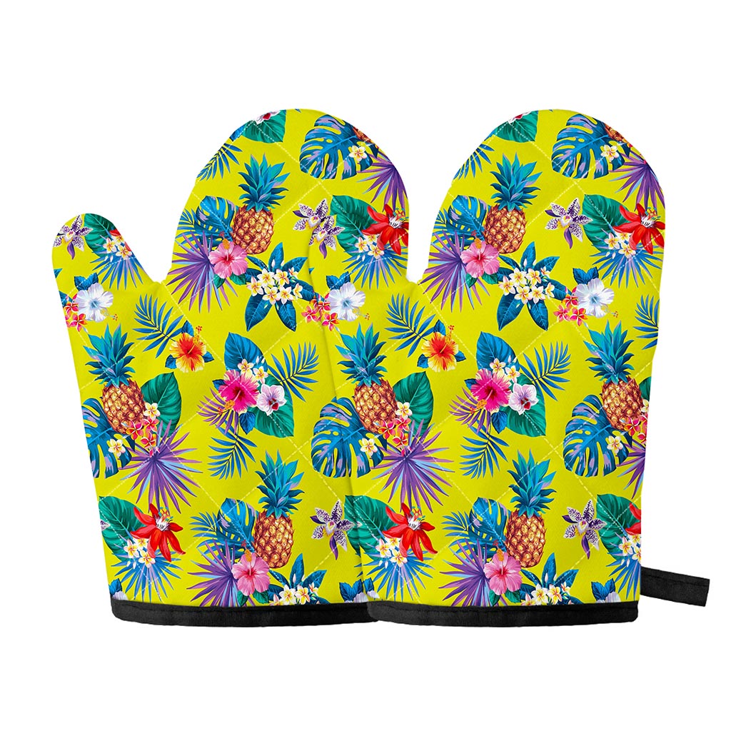 Lime Hawaiian Pineapple Pattern Print Oven Mitts