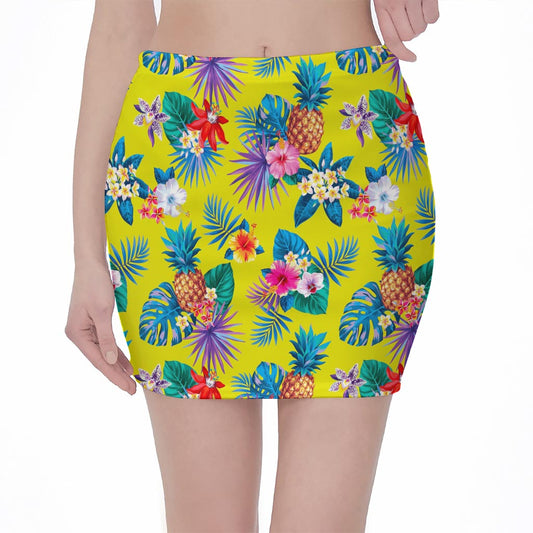 Lime Hawaiian Pineapple Pattern Print Pencil Mini Skirt