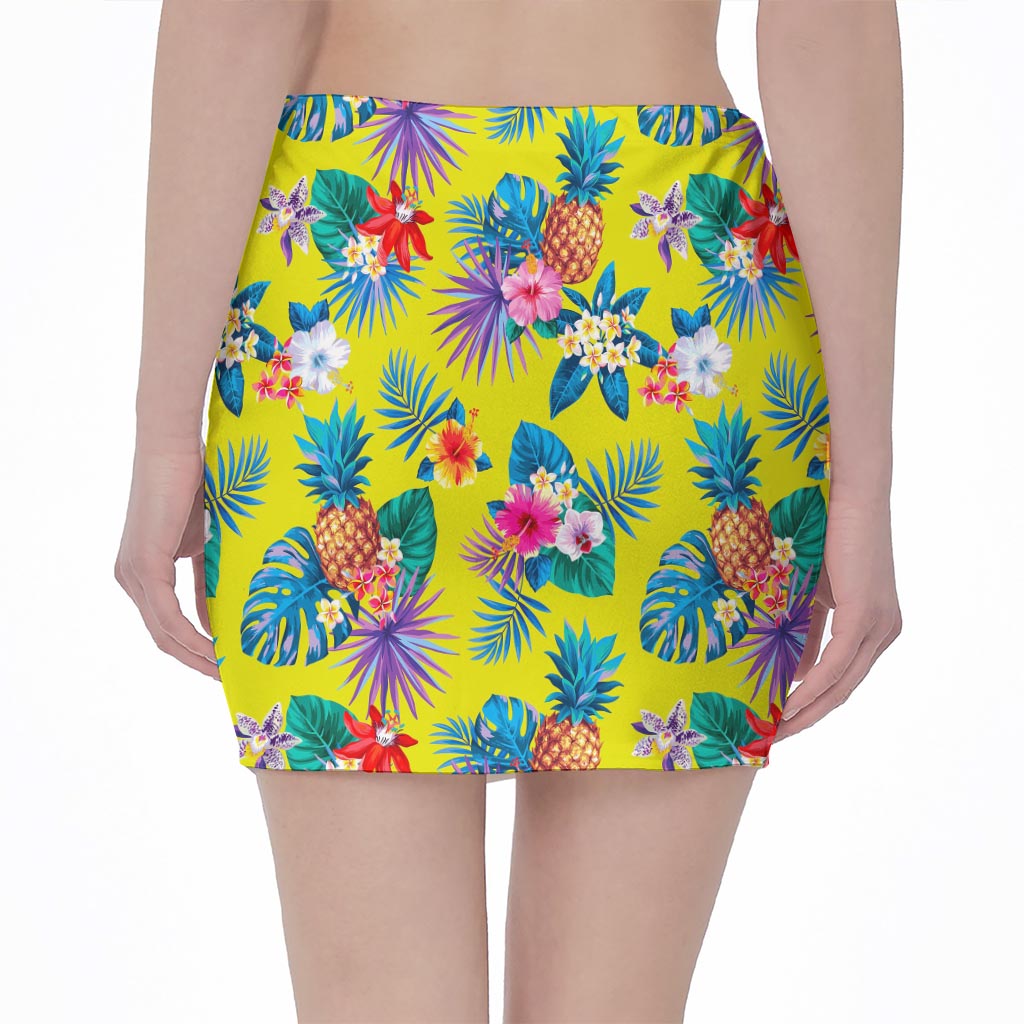 Lime Hawaiian Pineapple Pattern Print Pencil Mini Skirt
