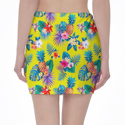 Lime Hawaiian Pineapple Pattern Print Pencil Mini Skirt