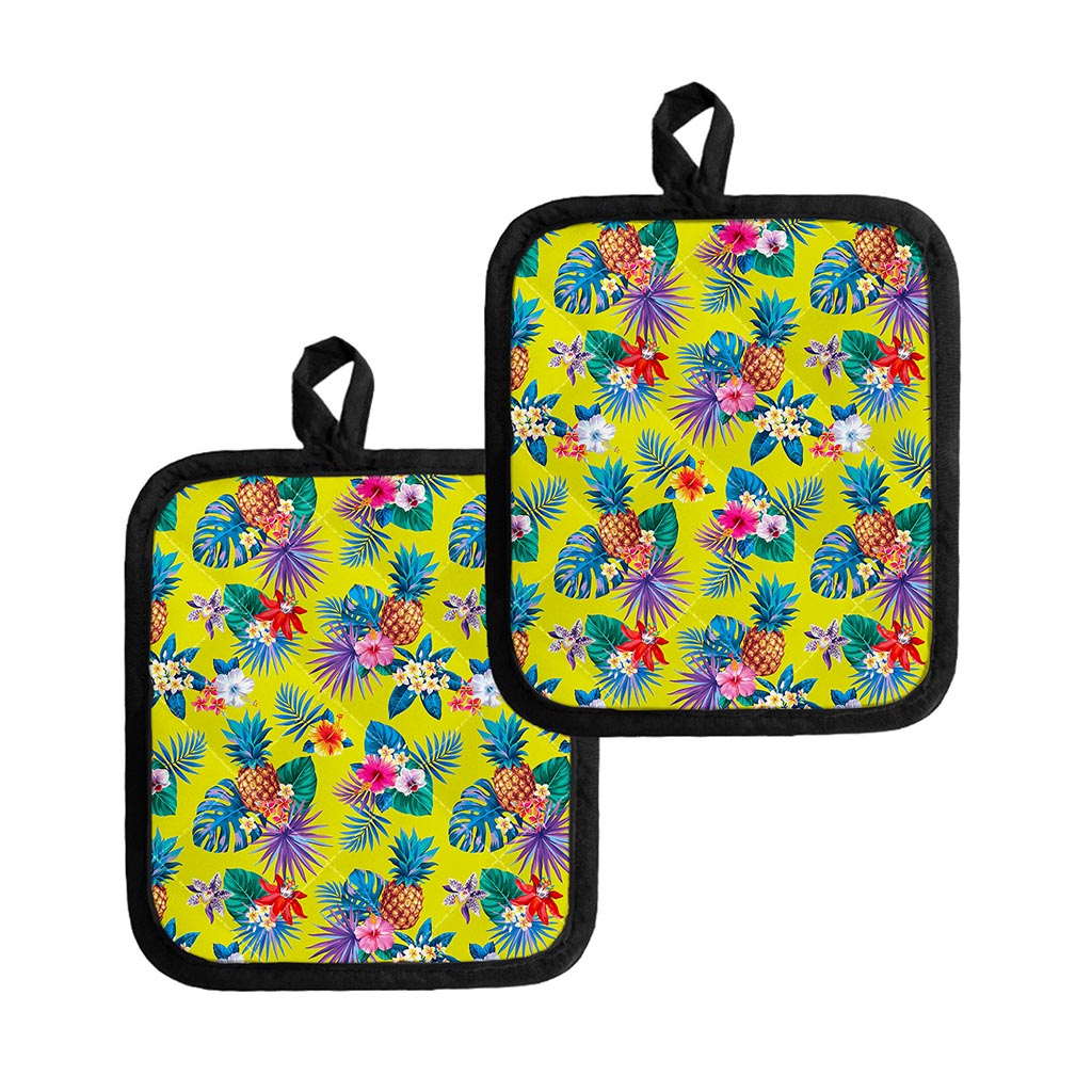 Lime Hawaiian Pineapple Pattern Print Pot Holders
