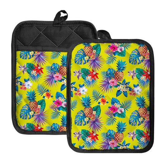 Lime Hawaiian Pineapple Pattern Print Pot Holders With Pocket