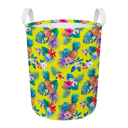 Lime Hawaiian Pineapple Pattern Print Round Laundry Basket