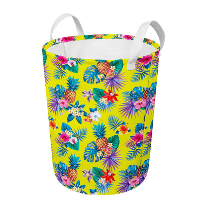 Lime Hawaiian Pineapple Pattern Print Round Laundry Basket