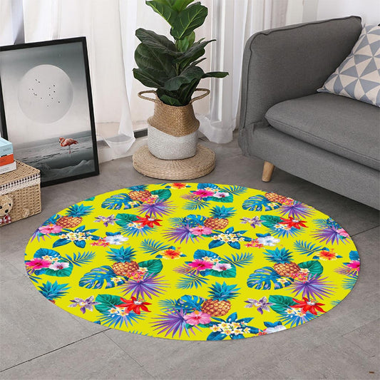 Lime Hawaiian Pineapple Pattern Print Round Rug