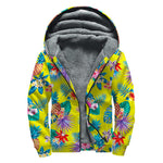 Lime Hawaiian Pineapple Pattern Print Sherpa Lined Zip Up Hoodie