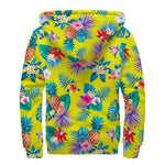 Lime Hawaiian Pineapple Pattern Print Sherpa Lined Zip Up Hoodie