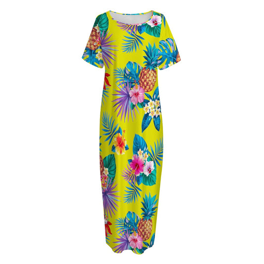 Lime Hawaiian Pineapple Pattern Print Short Sleeve Long Nightdress