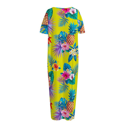 Lime Hawaiian Pineapple Pattern Print Short Sleeve Long Nightdress