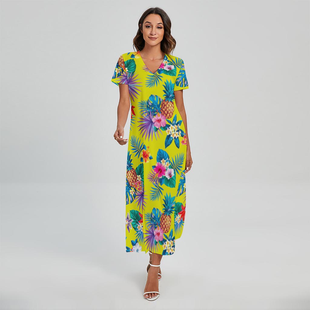 Lime Hawaiian Pineapple Pattern Print Short Sleeve Maxi Dress