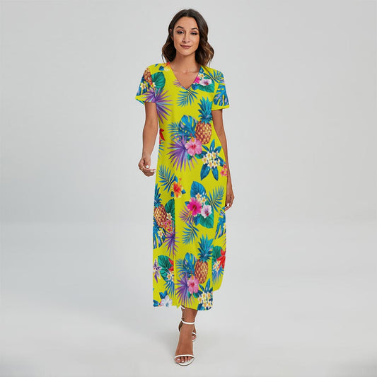 Lime Hawaiian Pineapple Pattern Print Short Sleeve Maxi Dress