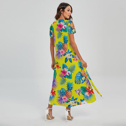 Lime Hawaiian Pineapple Pattern Print Short Sleeve Maxi Dress