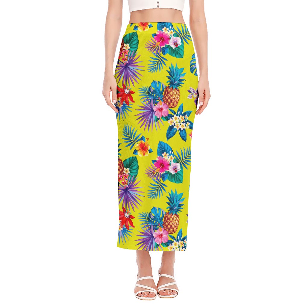 Lime Hawaiian Pineapple Pattern Print Side Slit Maxi Skirt