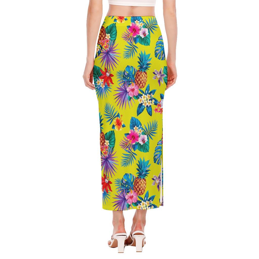 Lime Hawaiian Pineapple Pattern Print Side Slit Maxi Skirt