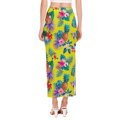 Lime Hawaiian Pineapple Pattern Print Side Slit Maxi Skirt