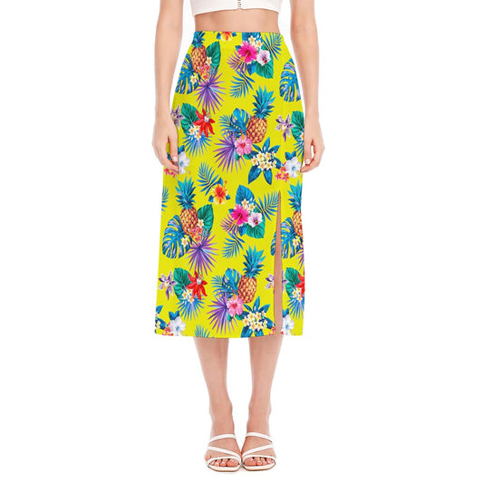 Lime Hawaiian Pineapple Pattern Print Side Slit Midi Skirt